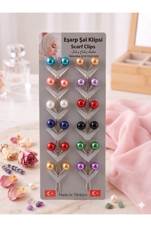 12'li Karışık Renkli Eşarp Ve Şal Klipsi Seti - Kumaş Zarar Vermeyen İğnesiz Toka