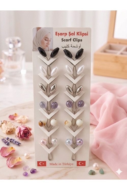 12'li Karışık Renkli Eşarp Ve Şal Klipsi Seti - Kumaş Zarar Vermeyen İğnesiz Toka