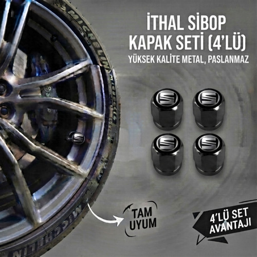 Seat Grubu ile Uyumlu Alüminyum Altıgen Sibop Kapak Seti (Siyah) - İthal Sibop Kapağı (4lü Set)