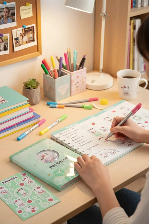 Sanrio Lisanslı Pochacco Renkli Yaz Serisi Sert Kapak Sallantılı Not Defteri ve Sticker Seti 17.4 Cm