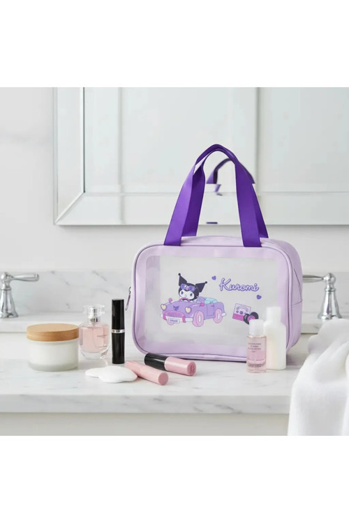 Sanrio Lisanslı Kuromi Seyahat Çantası - PU Deri ve PVC Detaylı Fonksiyonel Kozmetik Çantası