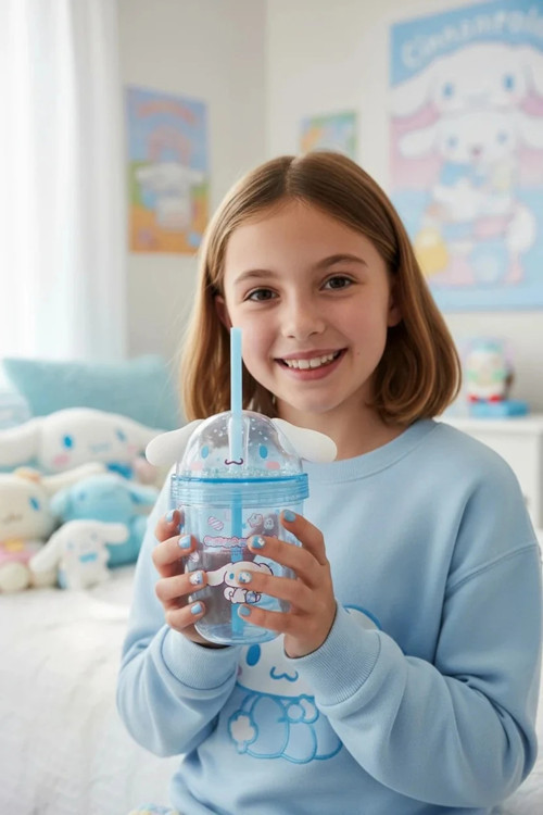 Lisanslı Cinnamoroll Tatlı Fabrikası Serisi Kulak Detaylı Pipetli Su Şişesi 435 ml