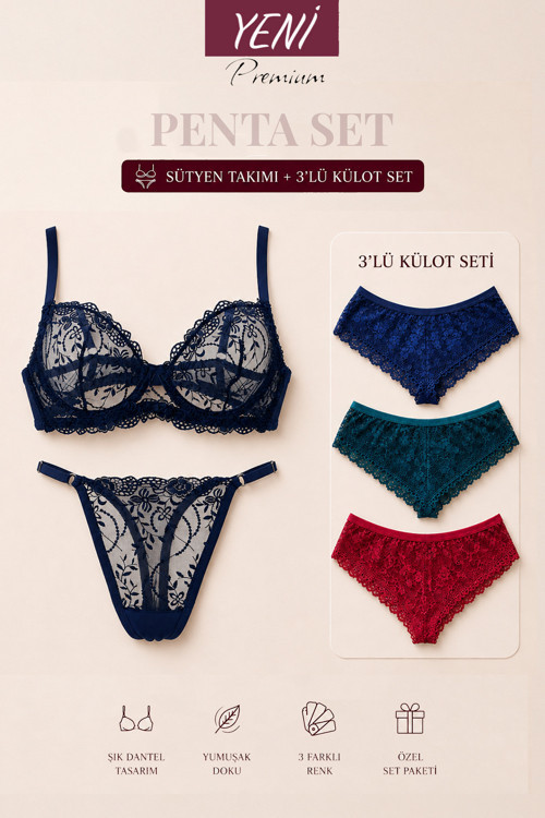 Penta Set 5 Glam Lacivert Sütyen Takım Ve Brazilian Dantelli Külot Fantezi İç Çamaşırı Takımı 5’Li