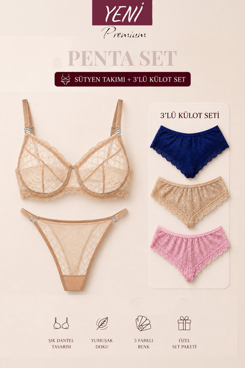 Penta Set 3 Mesh Bej Krem Ten Rengi Sütyen Takım Ve Brazilian Dantelli Ten Rengi 3’Lü Külot Set Fantezi Kadın İç Çamaşırı Takımı 5’Li