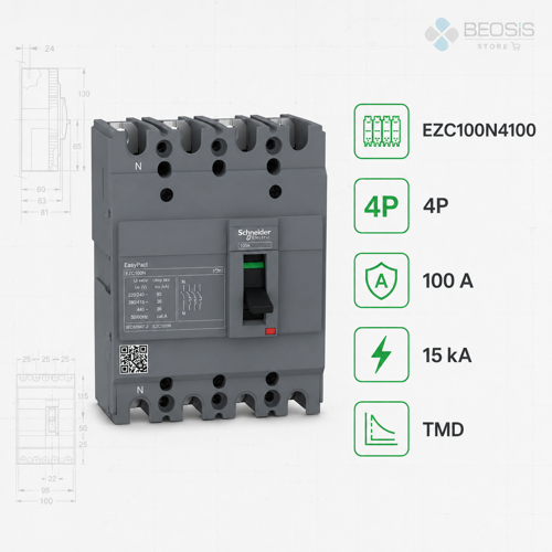 EasyPact EZC100N4100 TMD 4P 100A 15kA Kompakt Şalter