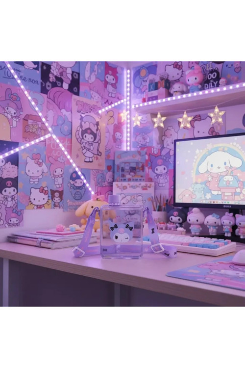 Sanrio Lisanslı Taşıma Askılı Sızdırmaz Plastik Su Şişesi Kuromi 500 ml