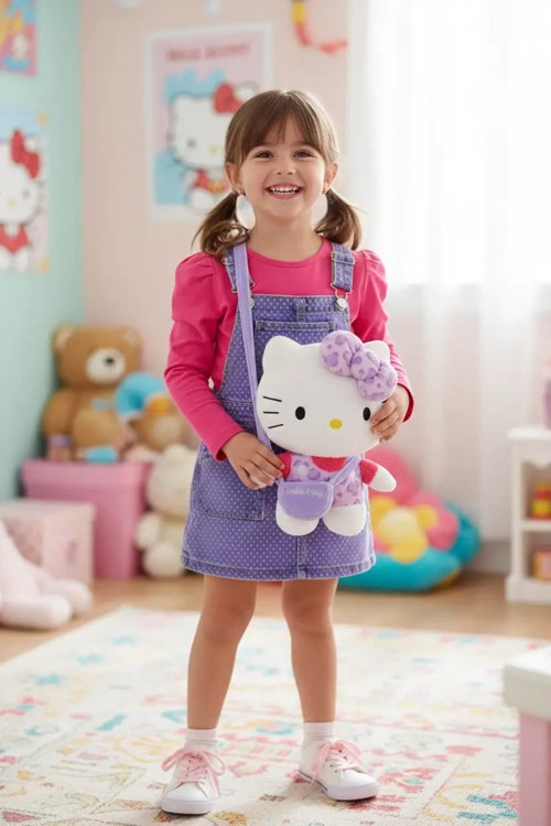 Lisanslı Hello Kitty Peluş Sırt Çantası Mor – Leopar Desenli 30 Cm