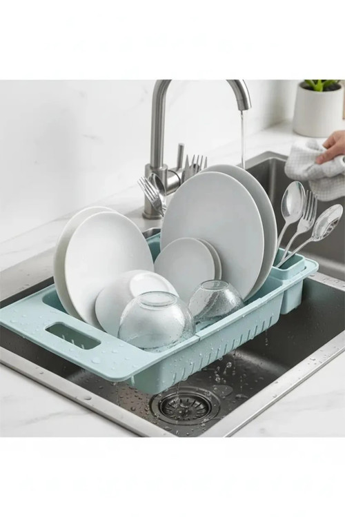 Lisanslı Ayarlanabilir Lavabo Süzgeci – Mavi Fonksiyonel Meyve Sebze Yıkama ve Bulaşık Süzücü 37,8 Cm