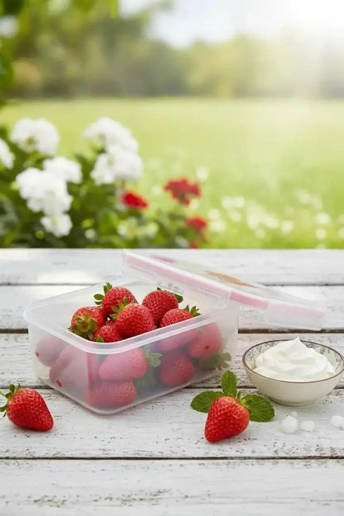 Lisanslı Çilek Serisi Tokalı Yemek Kabı 1000 Ml – 4 Taraflı 18 Cm