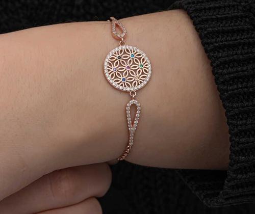 Gümüş Rose Renkli Yaşam Çiçeği Kadın Bileklik