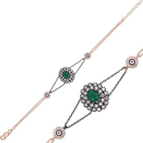 Gümüş Rose Mat Yeşil Taşlı Otantik Bileklik