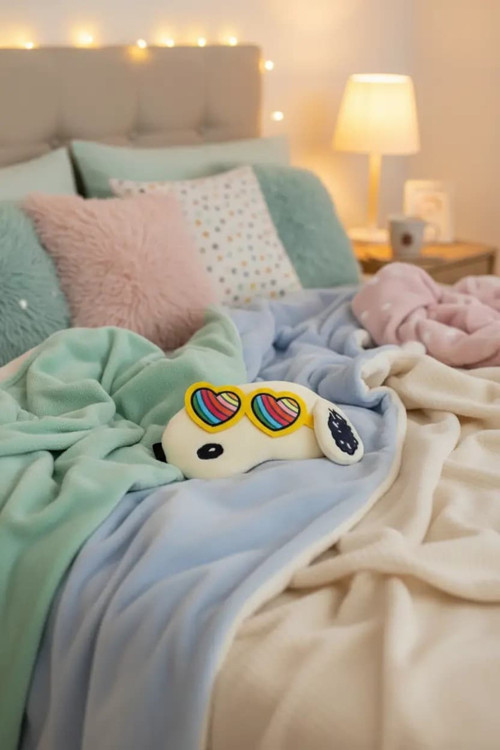 Snoopy Lisanslı Puffy Fluffy Uyku Maskesi – Kaleydoskop Serisi Peluş Göz Bandı