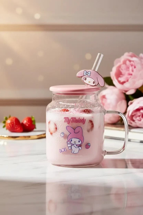 Lisanslı My Melody Kapaklı ve Pipetli Cam Şişe – Figürlü Borosilikat Cam Kupa 450 Ml