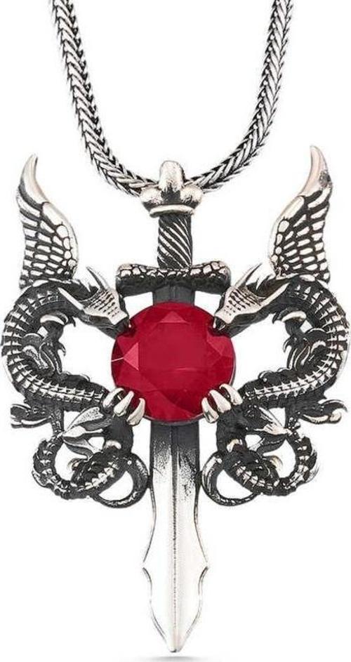 Gümüş Kırmızı Taşlı Ejderha Erkek Kılıç Kolye