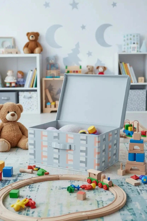 Lisanslı Kapaklı Katlanır Saklama Kutusu – Gri Büyük Boy Elbise ve Eşya Düzenleyici Kutu 42 Cm