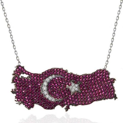 Gümüş Ay Yıldız Türkiye Haritası Kadın Kolye