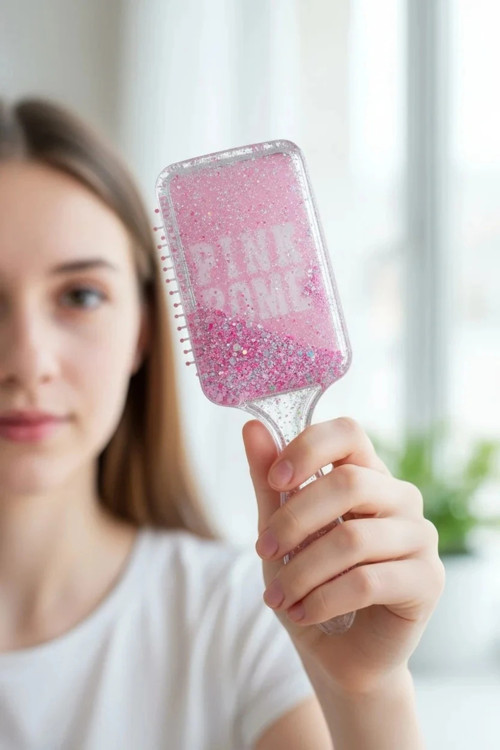 Lisanslı Sim Dolgulu Kare Saç Fırçası – Işıltılı ve Kolay Tarama Sağlayan Pembe Saç Fırçası 22 Cm
