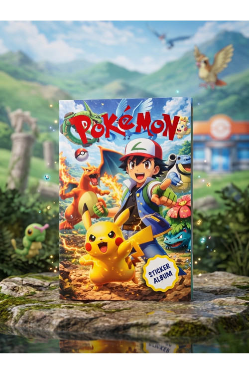 16 Sayfa POKEMON Sevimli Canavarlar ve Eğitmen Temalı Sticker Defteri - Ajanda ve Laptop Çıkartma Seti
