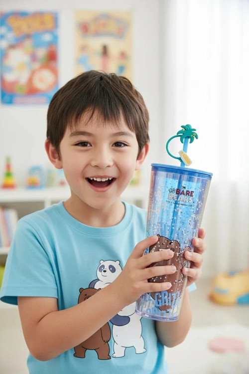 We Bare Bears Lisanslı Pipetli Çift Cidarlı Plastik Bardak 800 mL - Boz Ayı Temalı İçecek Arkadaşı