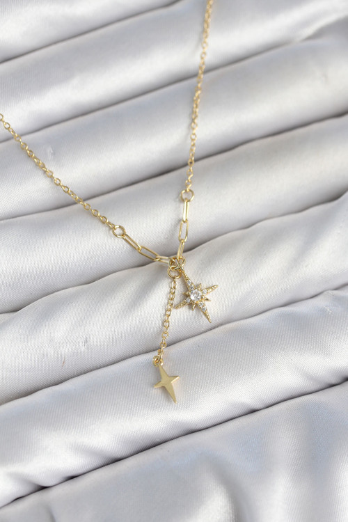 Pirinç Gold Renk Zirkon Taşlı Minimal Sallantılı Kutup Yıldızı Model Kadın Kolye TJ-BKO11143