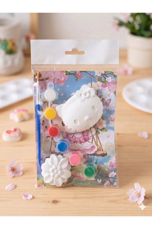 Sevimli Kedi Temalı Boyanabilir Alçı - Hello Kitty Figürlü Çocuk Etkinlik ve Boyama Aktivite Seti
