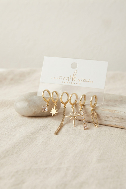Gold Renk Pirinç Zirkon Taş Detaylı 6'lı Küpe Seti Kombini TJ-BKP12138