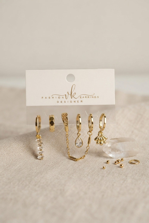 Gold Renk Pirinç Zirkon Taş Detaylı 6'lı Küpe Kombin Seti TJ-BKP12136