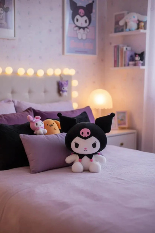 Kuromi Lisanslı Oturan Pelüş Oyuncak – Yumuşak Dokulu Dekoratif Karakter Figür 40 Cm