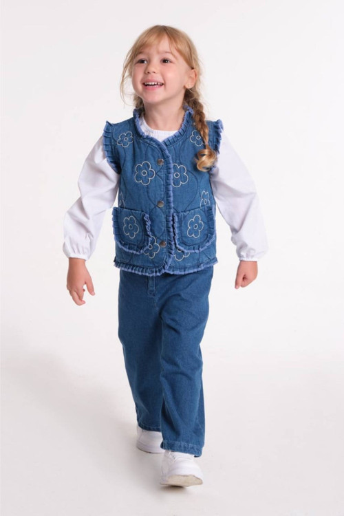 Kız Çocuk Yelek Gömlek Pantolon 3'lü Denim Takım Mavi