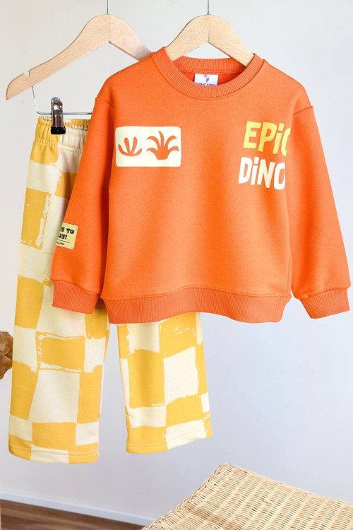Erkek Çocuk Dinozor Temalı Sırt Baskılı Sweatshirt ve Pantolon Takım