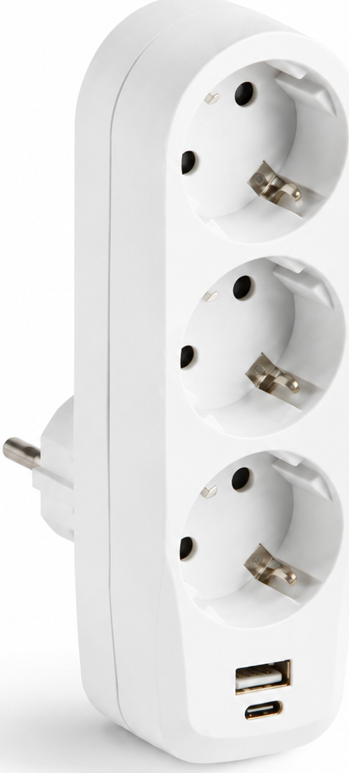 TT Üçlü Adaptör USB-A & USB-C Çıkışlı 5V 3.4A 16A 250V Beyaz 1323
