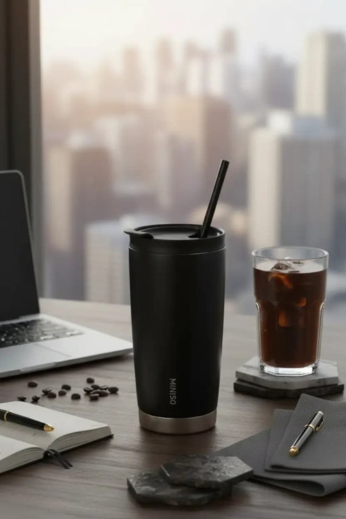 Lisanslı Kahve Serisi Pipetli Çelik Bardak Siyah 560 Ml – Çift Cidarlı