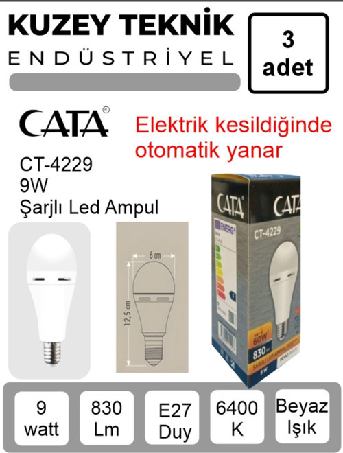 Ct-4229 9W Şarjlı Led Ampul E27 Duy Beyaz Işık ( 3 Adet )