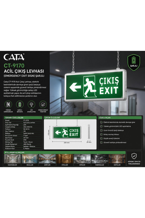 Ct-9170 Şarjlı Acil Çıkış Levhası Emergency Exit Sign Led Acil Yönlendirme Armatürü
