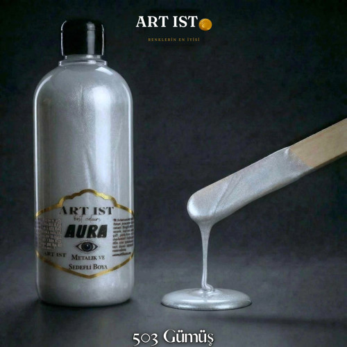 AURA Sedefli ve Vernikli Metalik Akrilik Boya 500 ml – 503 Gümüş | Ahşap, Metal, Seramik, Hobi