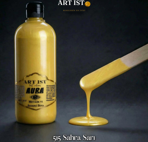 AURA Sedefli ve Vernikli Metalik Akrilik Boya 500 ml – 515 Sahra Sarı | Ahşap, Metal, Seramik, Hobi