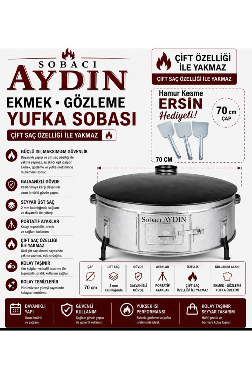 70 Cm Ekmek Yufka Gözleme Bazlama Sacı Çift Saç Ters Çevirme İmkanlı Kavurmaya Uygun Yufka Sobası