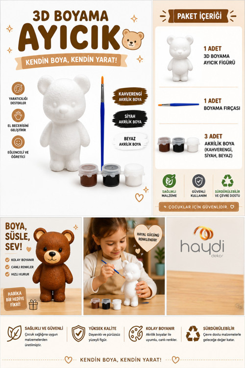 3D Boyama Ayıcık Hobi Seti – Çocuklar Için Boyanabilir Ayı Figürü, Akrilik Boya Ve Fırça Içeren Eğitici Yaratıcı Aktivite Oyuncağı – El Becerisi Geliştirici Kendin Boya Oyuncak Seti