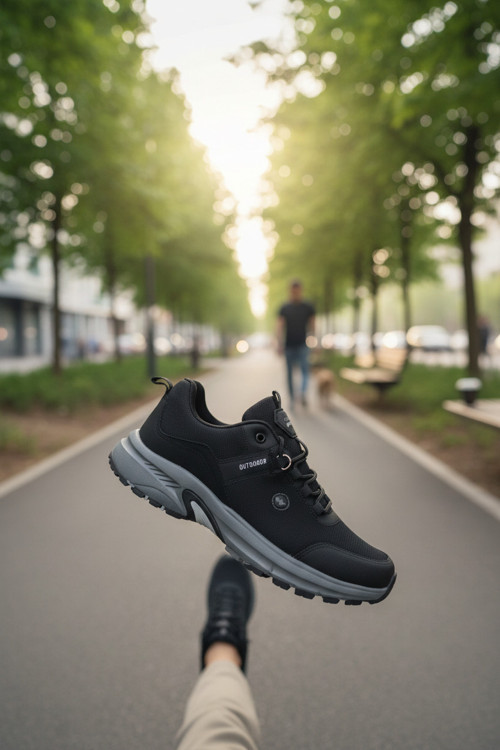Erkek Siyah Kalın Tabanlı Günlük Outdoor Ayakkabısı - Suya Dayanıklı Yürüyüş Sneaker