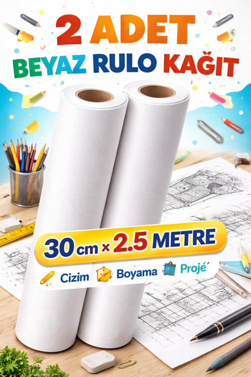 2 Adet Beyaz Rulo Kağıt 30 Cm X 2.5 Metre – Çok Amaçlı Çizim, Eskiz Ve Proje Kağıdı | Mimarlık & Çocuk Aktivite Rulosu