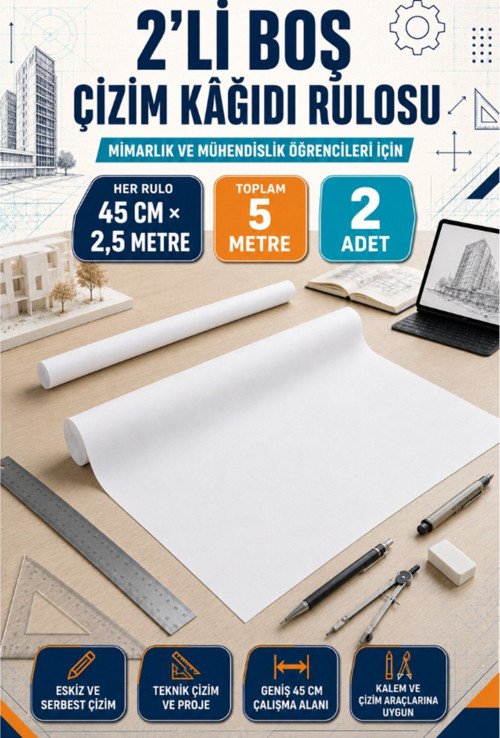 2’Li Boş Çizim Kağıdı Rulosu 45 Cm × 2,5 Metre – Toplam 5 Metre Mimarlık, Mühendislik, Eskiz, Teknik Çizim Ve Proje Kağıdı