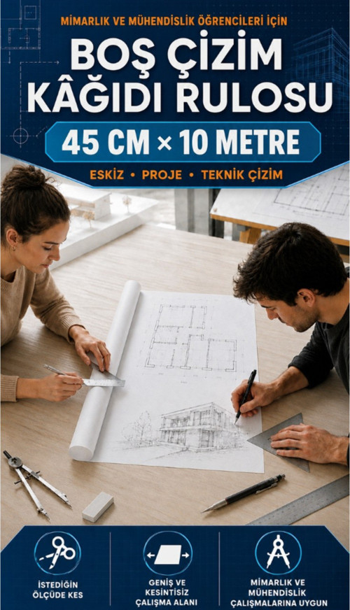 45 Cm × 10 Metre Boş Çizim Kâğıdı Rulosu – Mimarlık Ve Mühendislik Öğrencileri Için Teknik Çizim, Eskiz, Proje, Tasarım Ve Atölye Kâğıdı