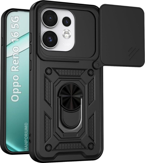 Oppo Reno 16 Uyumlu Tank Kılıf - Yüzüklü Standlı Extra Darbe Koruma Zırhlı Outdoor Kapak - Siyah