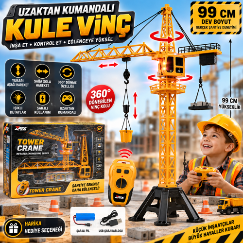 Uzaktan Kumandalı 99 CM Şarjlı Kule Vinç Işıklı, Hareketli İnşaat Vinç Oyuncağı