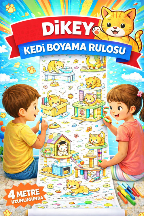 🐱 Dev Kedi Boyama Rulosu 4 Metre – Dikey Boyama Kağıdı |