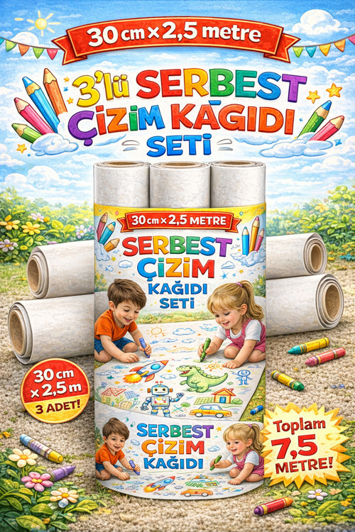 🎨 3’Lü Serbest Çizim Rulosu Seti ✏️ 30 Cm X 2.5 Metre Çizim Kağıdı |Toplam 7.5 Metre