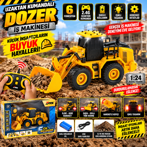 Uzaktan Kumandalı Şarjlı 6 Fonksiyonlu Dozer Kepçe İş Makinesi Oyuncak