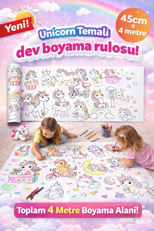 Unicorn Temalı Dev Boyama Rulosu 4 Metre – 45 Cm Genişlik |