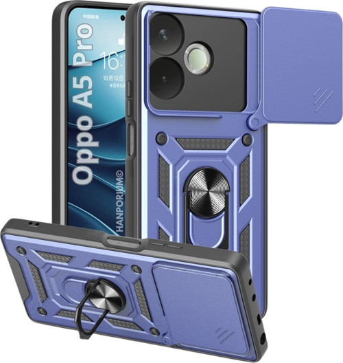 Oppo A5 Pro Uyumlu Tank Kılıf - Yüzüklü Standlı Extra Darbe Koruma Zırhlı Outdoor Kapak - Lacivert
