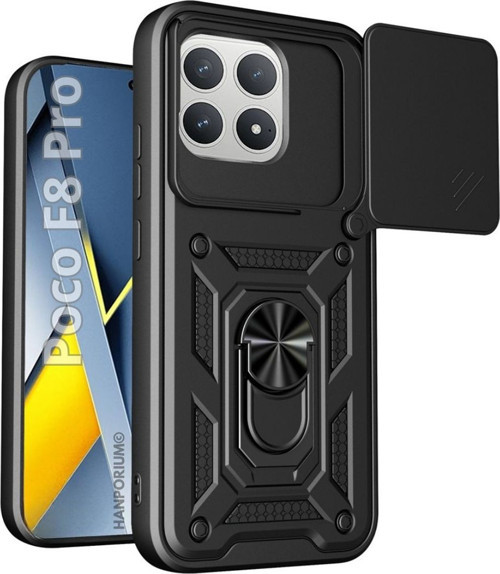 Poco F8 Pro Uyumlu Tank Kılıf - Yüzüklü Standlı Extra Darbe Koruma Zırhlı Outdoor Kapak - Siyah